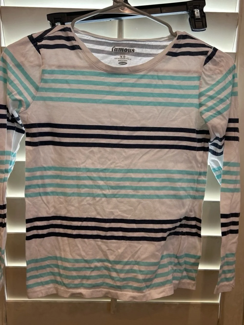 Old Navy Long-Sleeve Striped Tee in White, Aqua & Navy